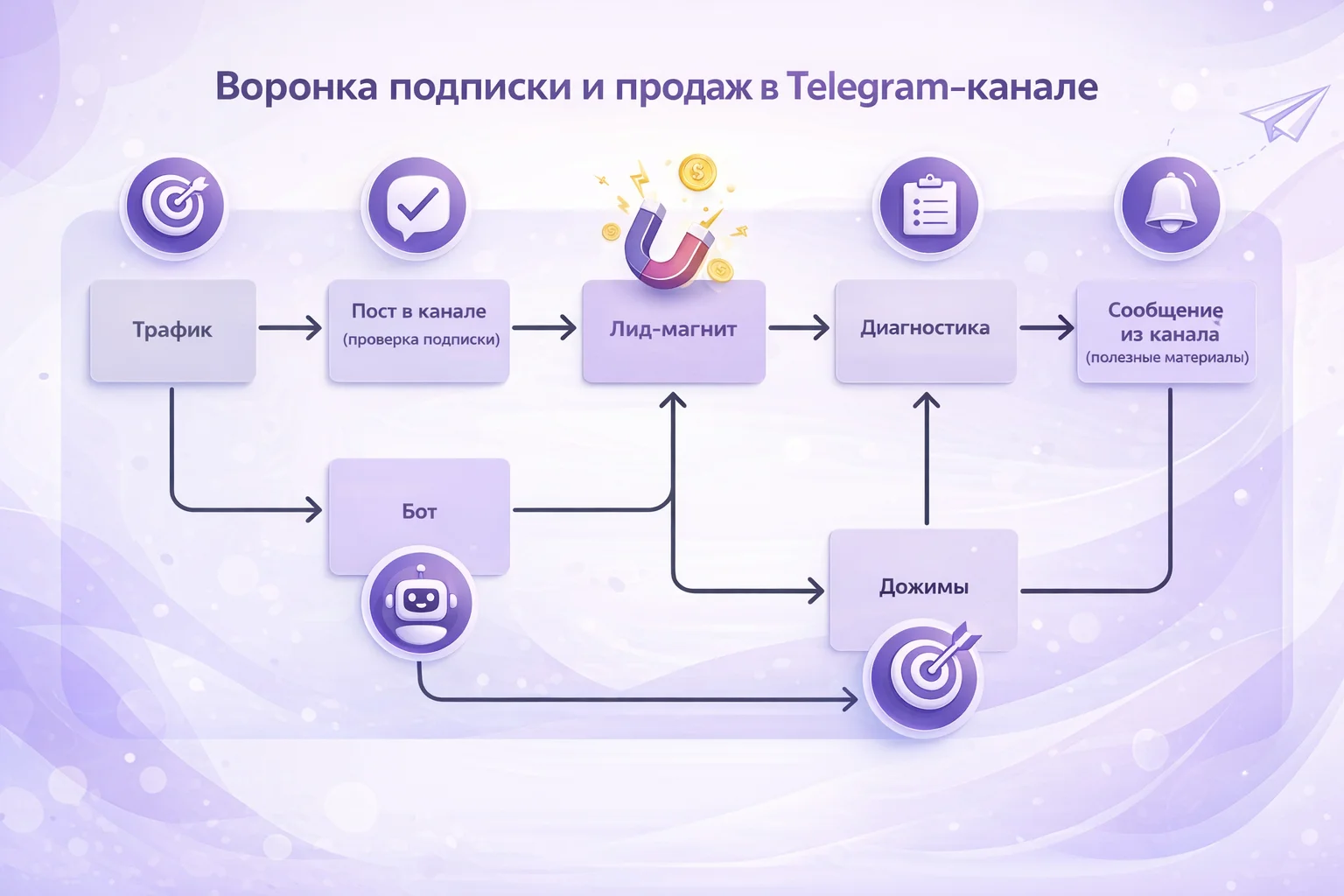 Схема мини-воронки: РСЯ → посадочная → Telegram → лид-магнит → консультация