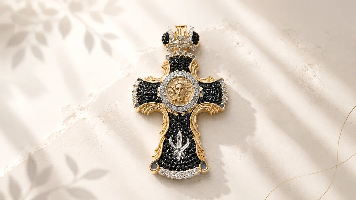 Ювелирная работа SS Jewelry: декоративный крест с камнями и золотыми деталями