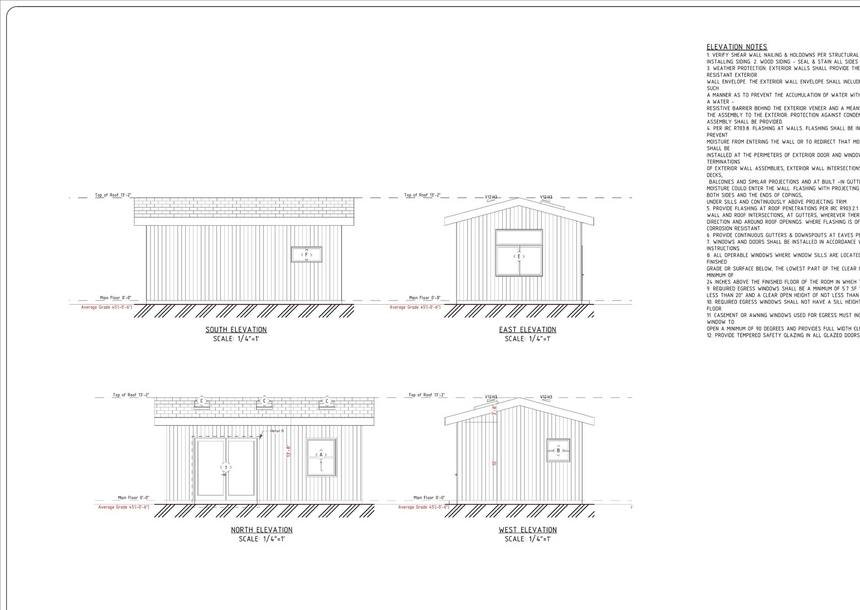 Four-sided elevation drawings of 400 sq ft detached ADU in Seattle Meadowbrook — south east north west views with Hardie plank siding