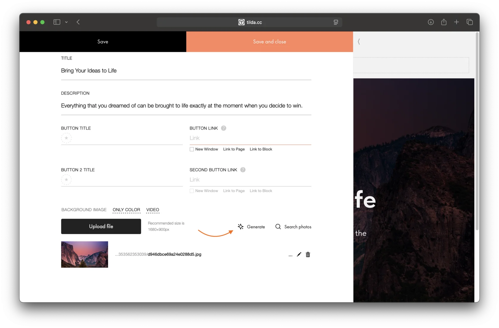 Block Content panel: the "Generate" button next to "Upload file" in the "BACKGROUND IMAGE" section.
