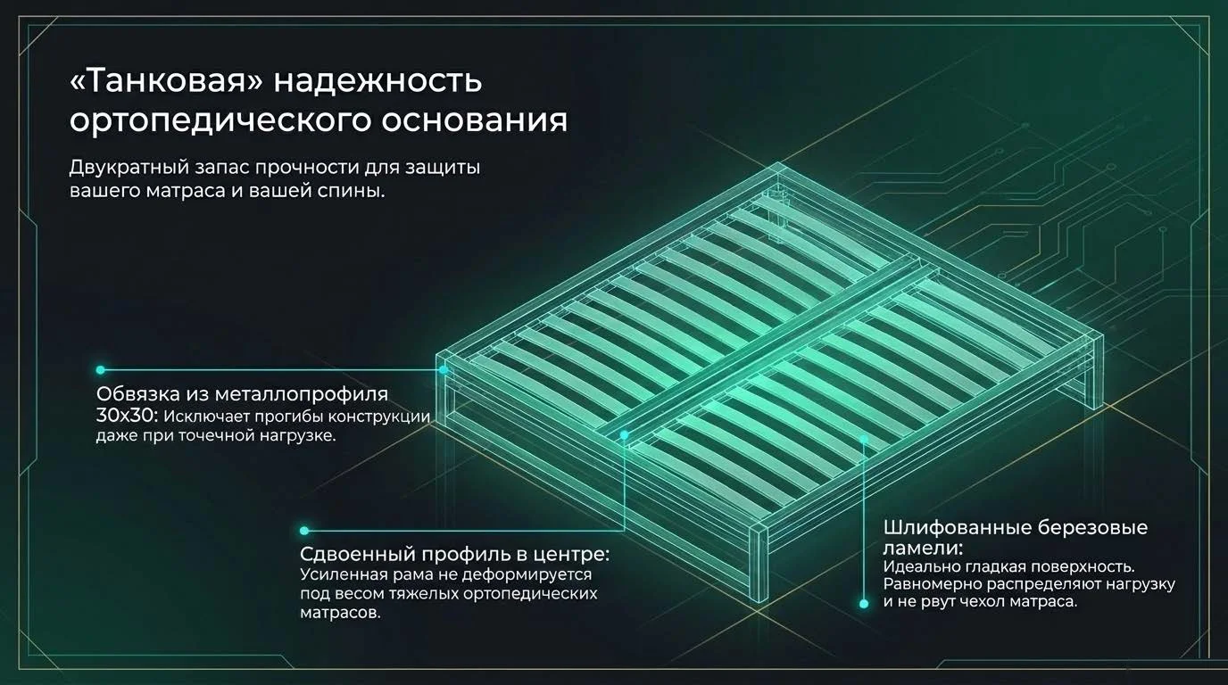 Основание кровати из металлической трубы 30×30 с усилением по центру и берёзовыми рейками