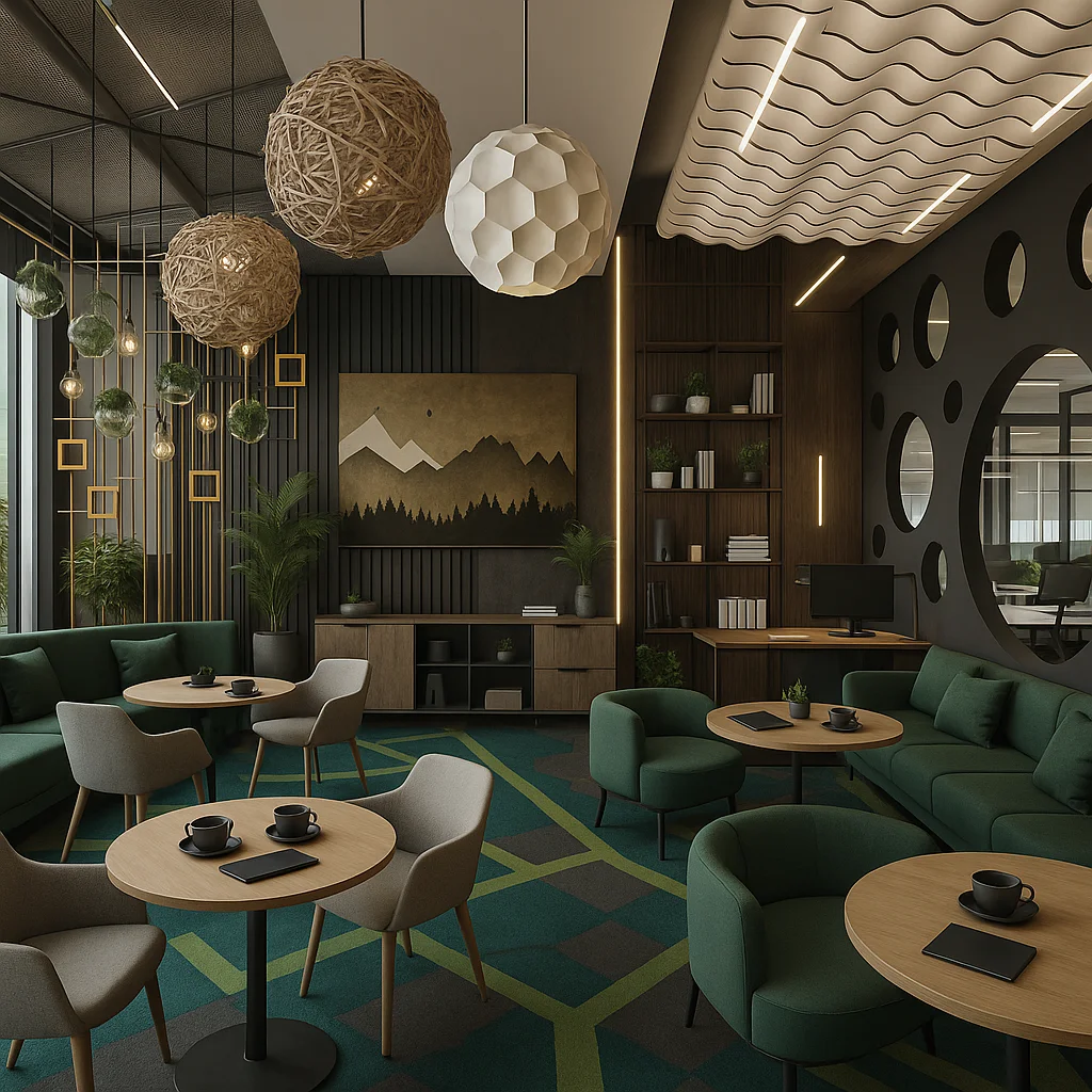 Дизайн интерьера современного ресторана-лаунжа с зелёными диванами и круговыми проёмами