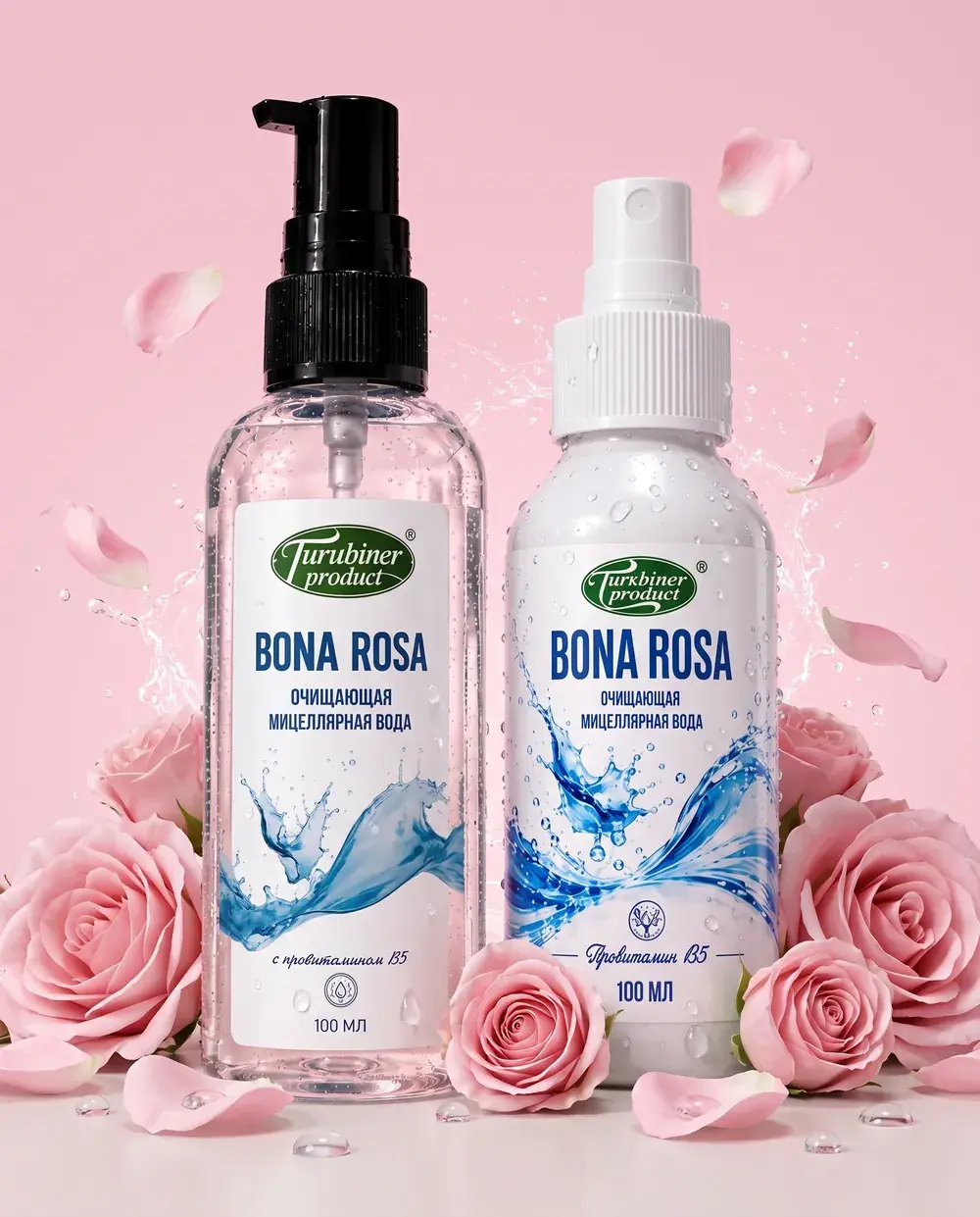 Мицеллярная вода Bona Rosa среди роз и капель воды