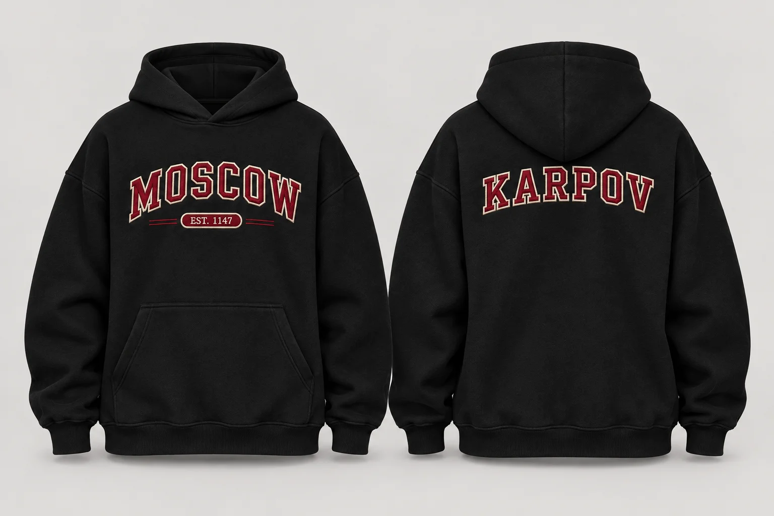 Чёрное худи с вышивкой MOSCOW спереди и фамилией KARPOV на спине
