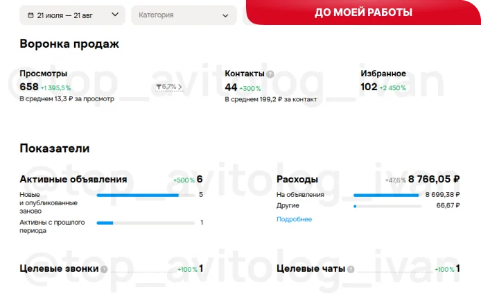 Показатели до оптимизации: просмотры 658, контакты 44, добавления в избранное 102, объявлений 6, CPC 13,3 ₽, CPL 199 ₽, бюджет 8 766 ₽, конверсия 6,7%