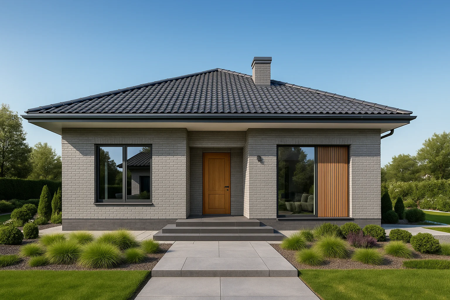 Современный одноэтажный дом из светлого кирпича 110 м² — проект Light Brick 110