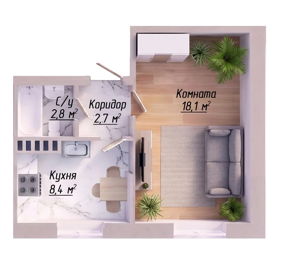 1-комнатная 32 м²