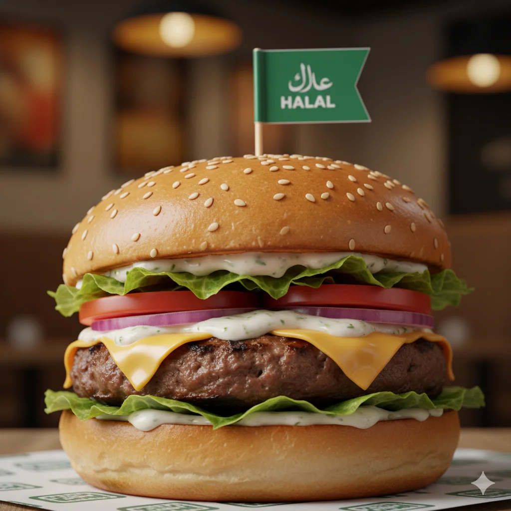 Classic halal beef burger with melted cheddar lettuce tomato and special sauce on a brioche bun