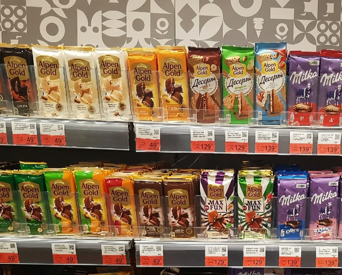 Плитки шоколада на полке с ценниками