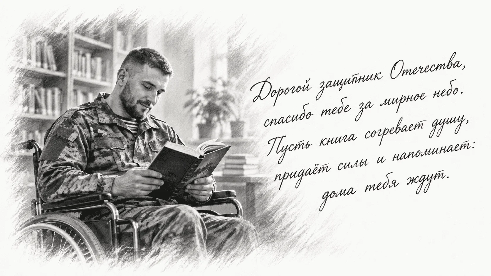 Иллюстрация: военнослужащий в инвалидном кресле читает книгу. Рядом рукописное пожелание защитнику Отечества