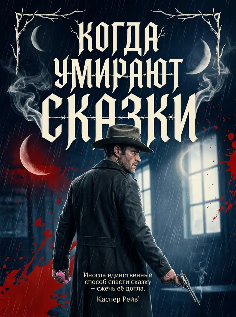Обложка приключенческой книги «Когда умирают сказки», созданная нейросетью в Метранпаже