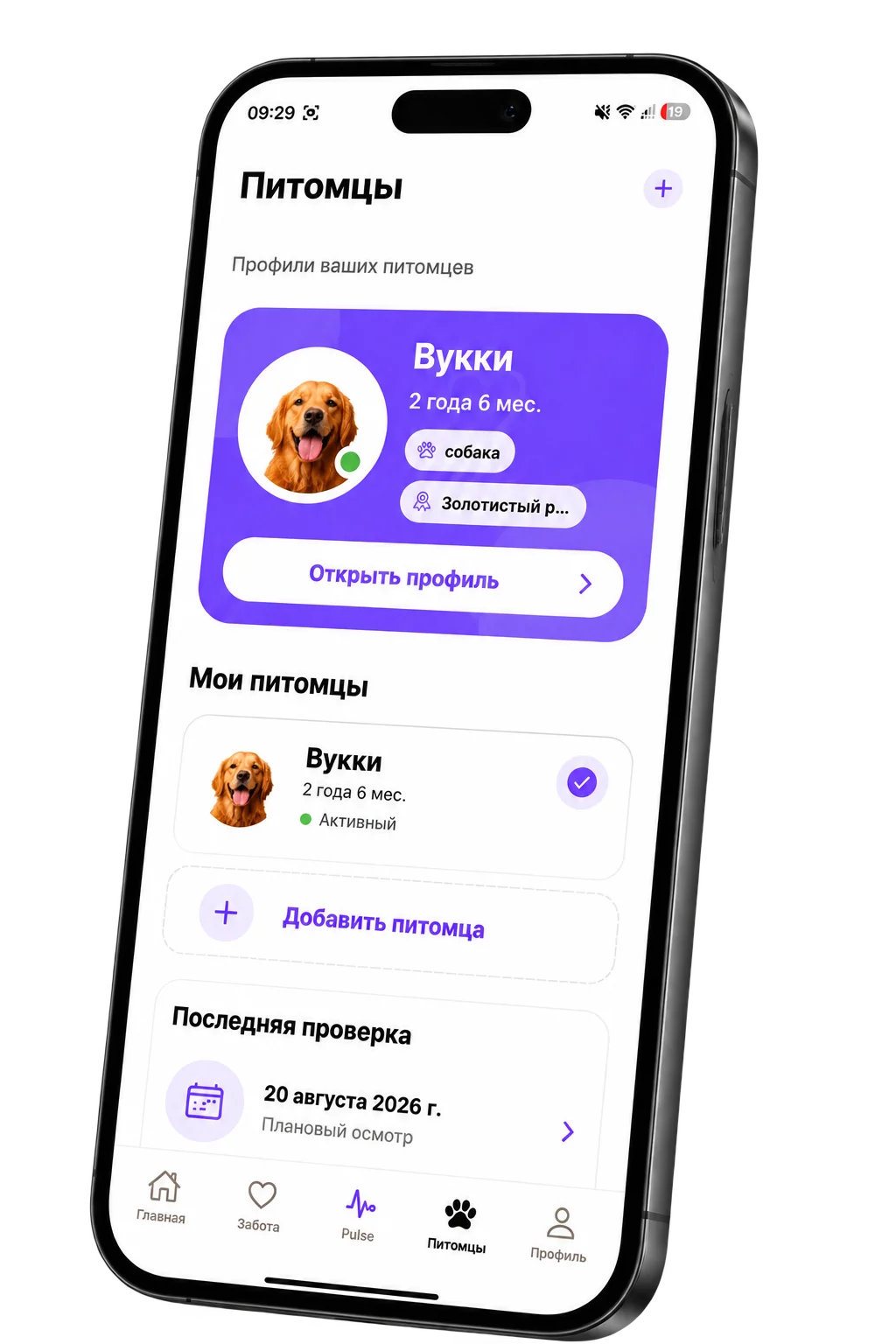 Экран профиля питомца в Vukki Pulse