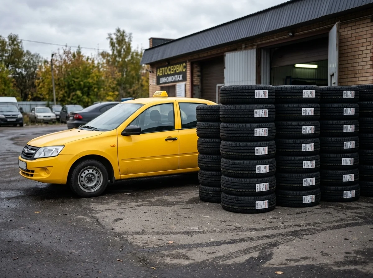 Автомобили такси на фоне стопки новых шин