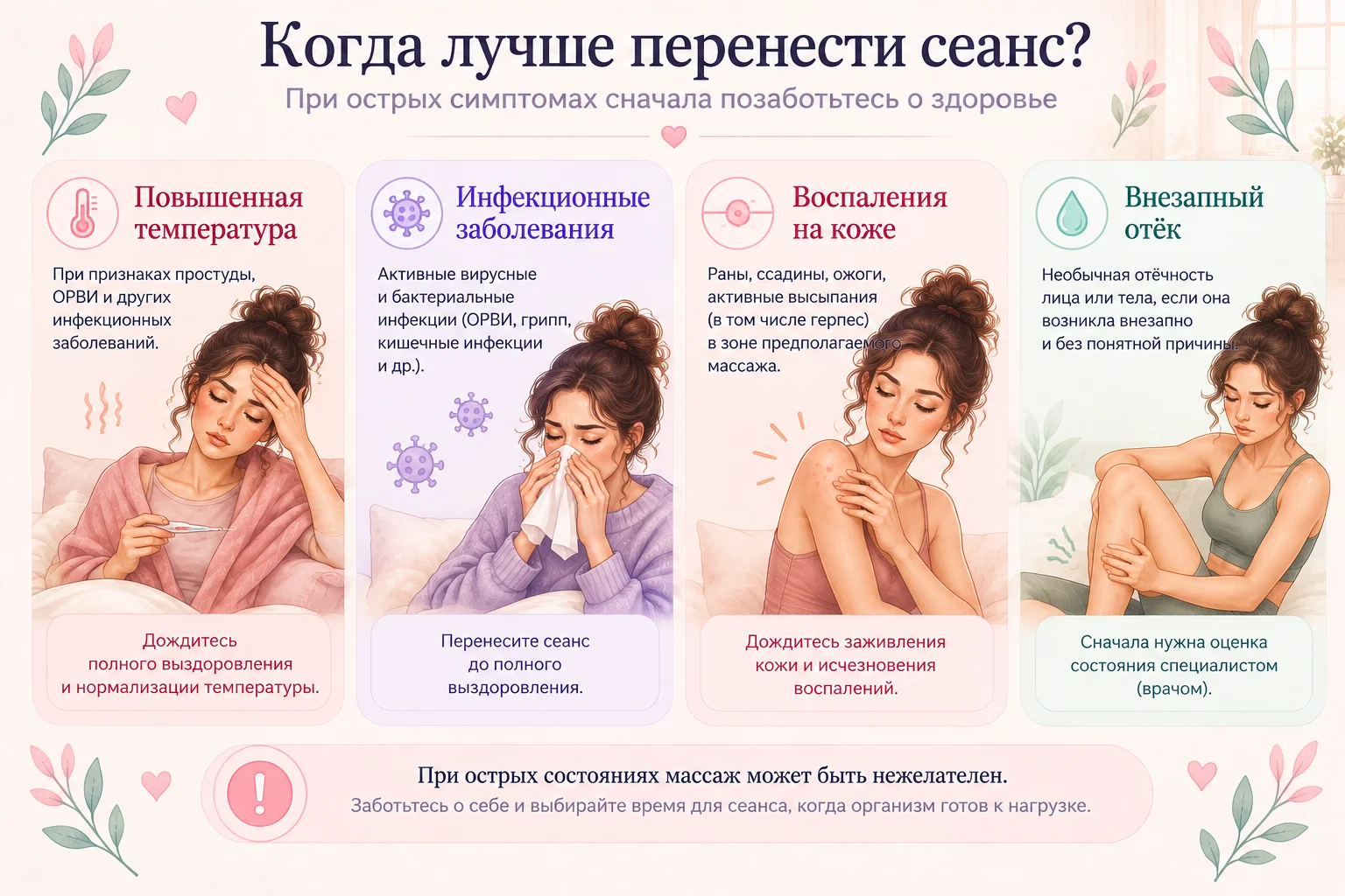 Состояния, при которых массаж откладывают и обращаются за медицинской оценкой.