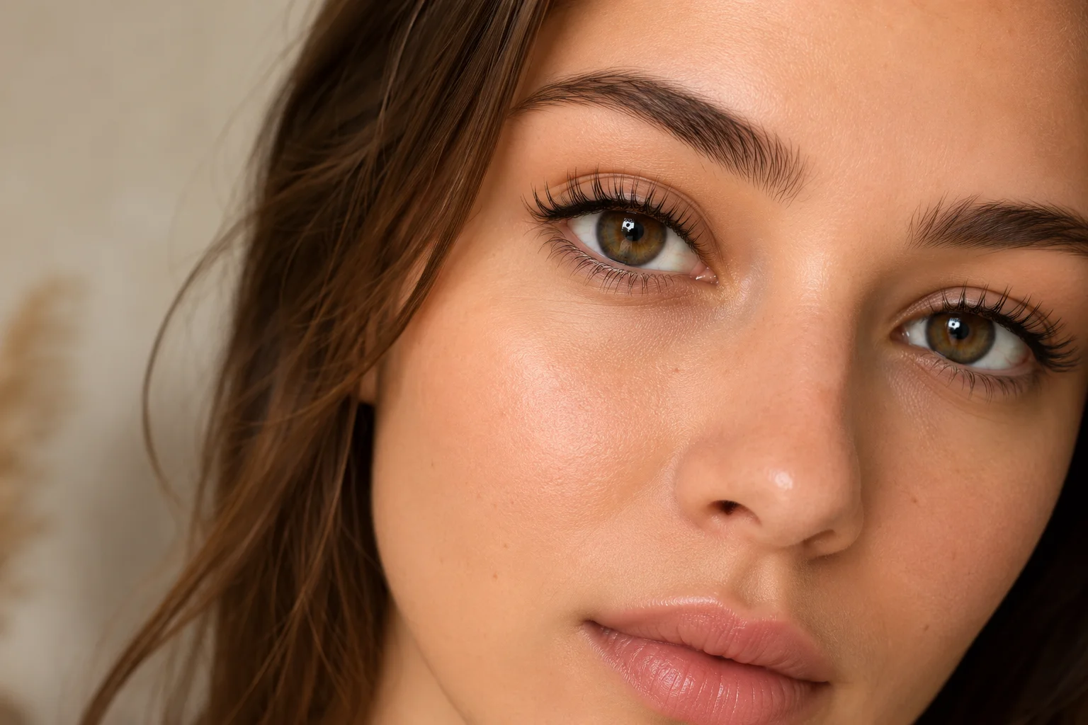 Крупный beauty-портрет девушки с аккуратным натуральным наращиванием ресниц