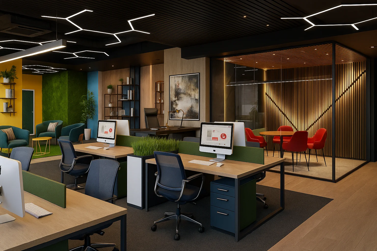 Дизайн интерьера современного офиса open space с переговорной-кубом и лаундж-зоной