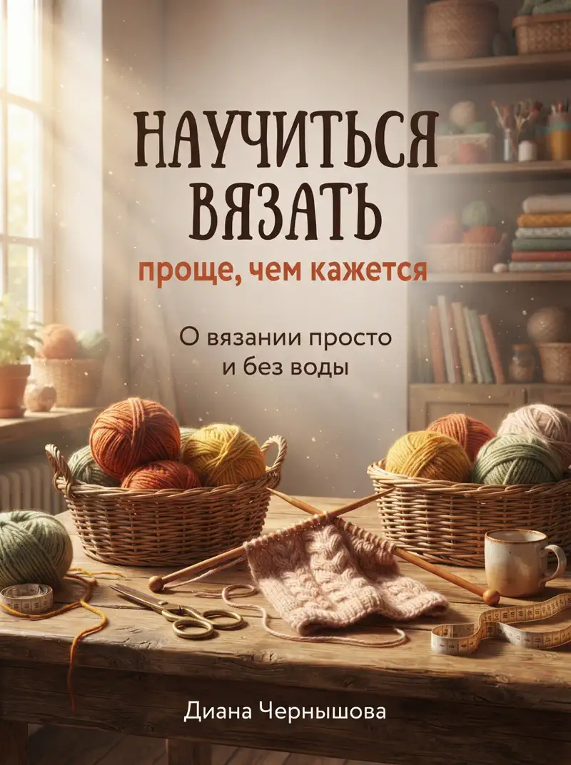 Обложка практического пособия «Научиться вязать», создана нейросетью Метранпажа