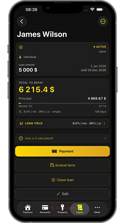 Vavilon Finance — money lent, borrower profile and repayment tracking