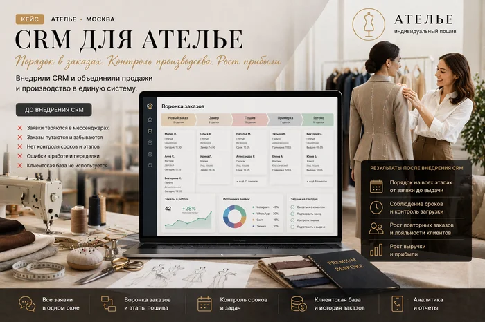 AmoCRM для премиального ателье в Москве: переход с Битрикс24, настройка воронок, интеграция Instagram, WhatsApp и телефонии