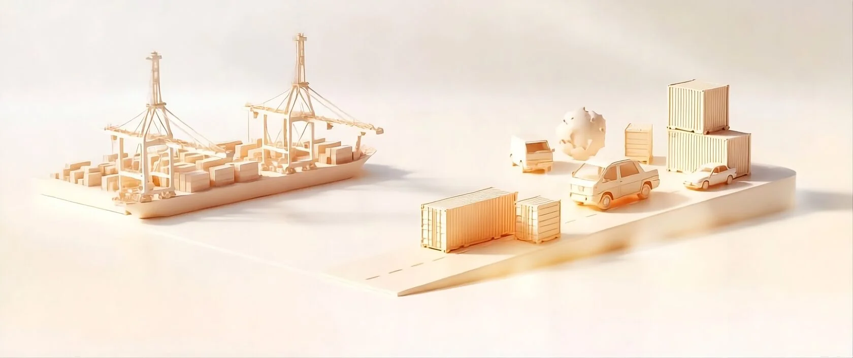 Illustrative port, cargo containers and transport vehicles
