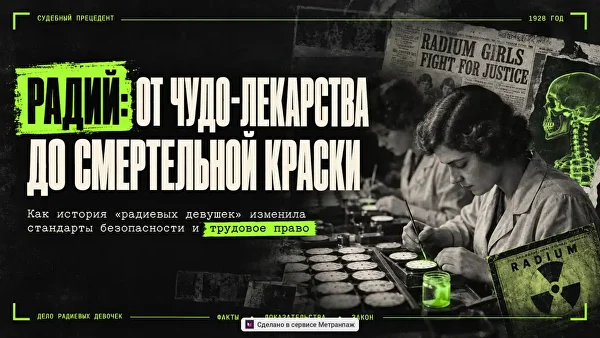 Обложка презентации «Радий: от чудо-лекарства до смертельной краски»: женщины расписывают циферблаты часов радиевой краской, рядом газетные вырезки и изображение скелета. Чёрно-белый коллаж с неоново-зелёными акцентами.