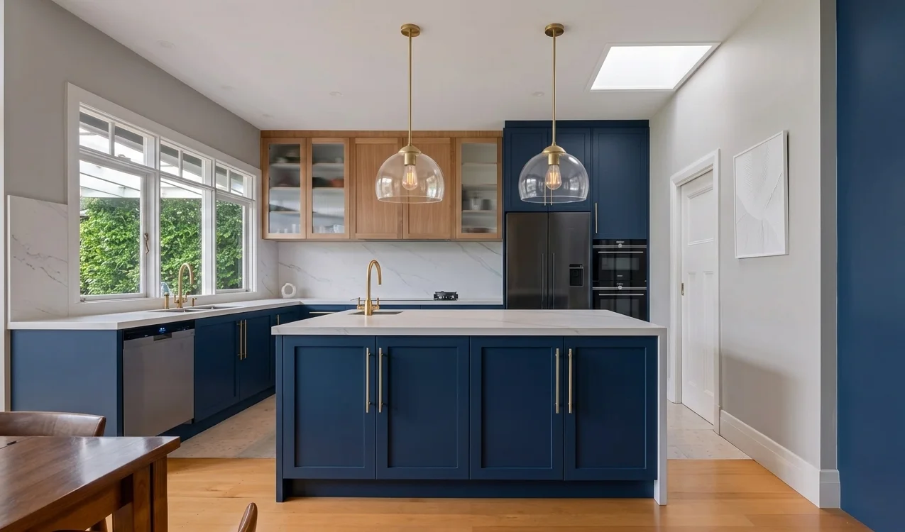 Navy blue and oak kitchen with marble backsplash, brass fixtures, glass pendants, and stainless appliances — Woodinville WA kitchen remodel