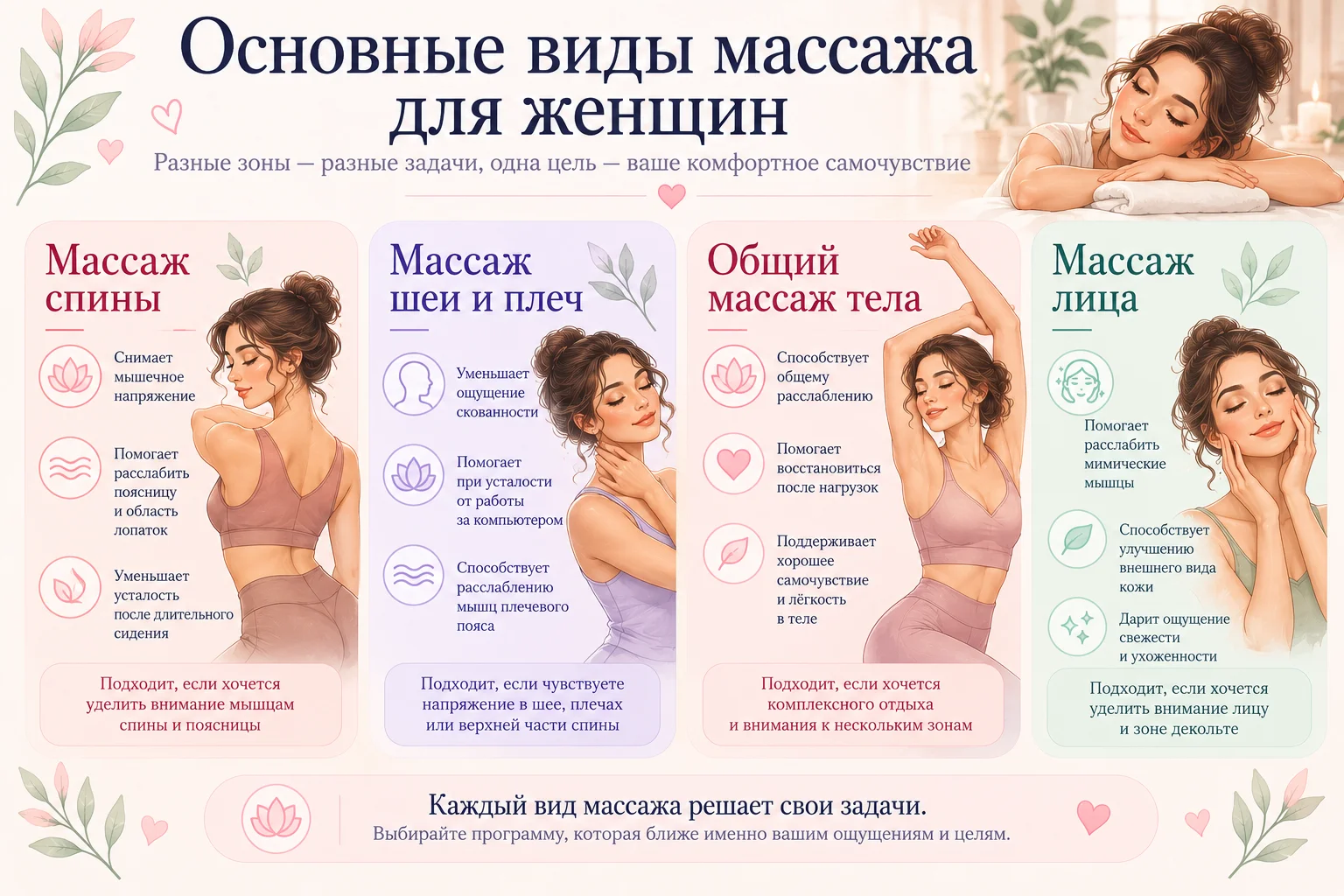 Основные виды массажа для женщин и задачи каждой процедуры.