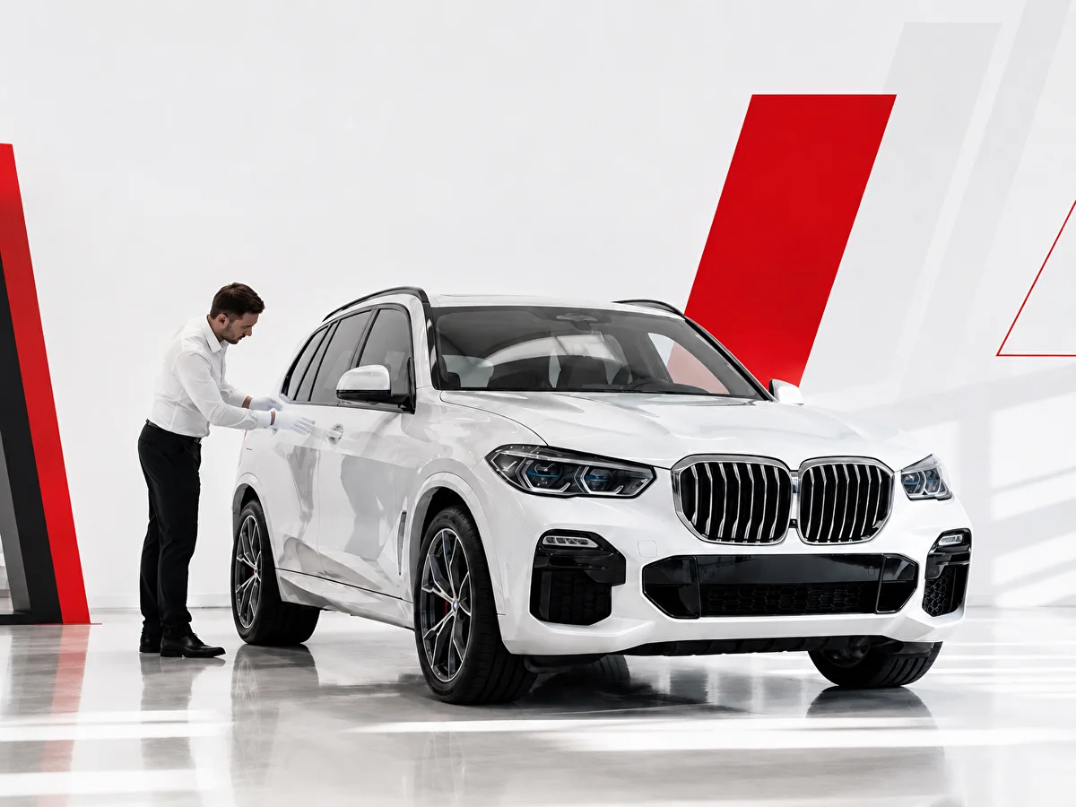Специалист осматривает белый BMW в светлой студии