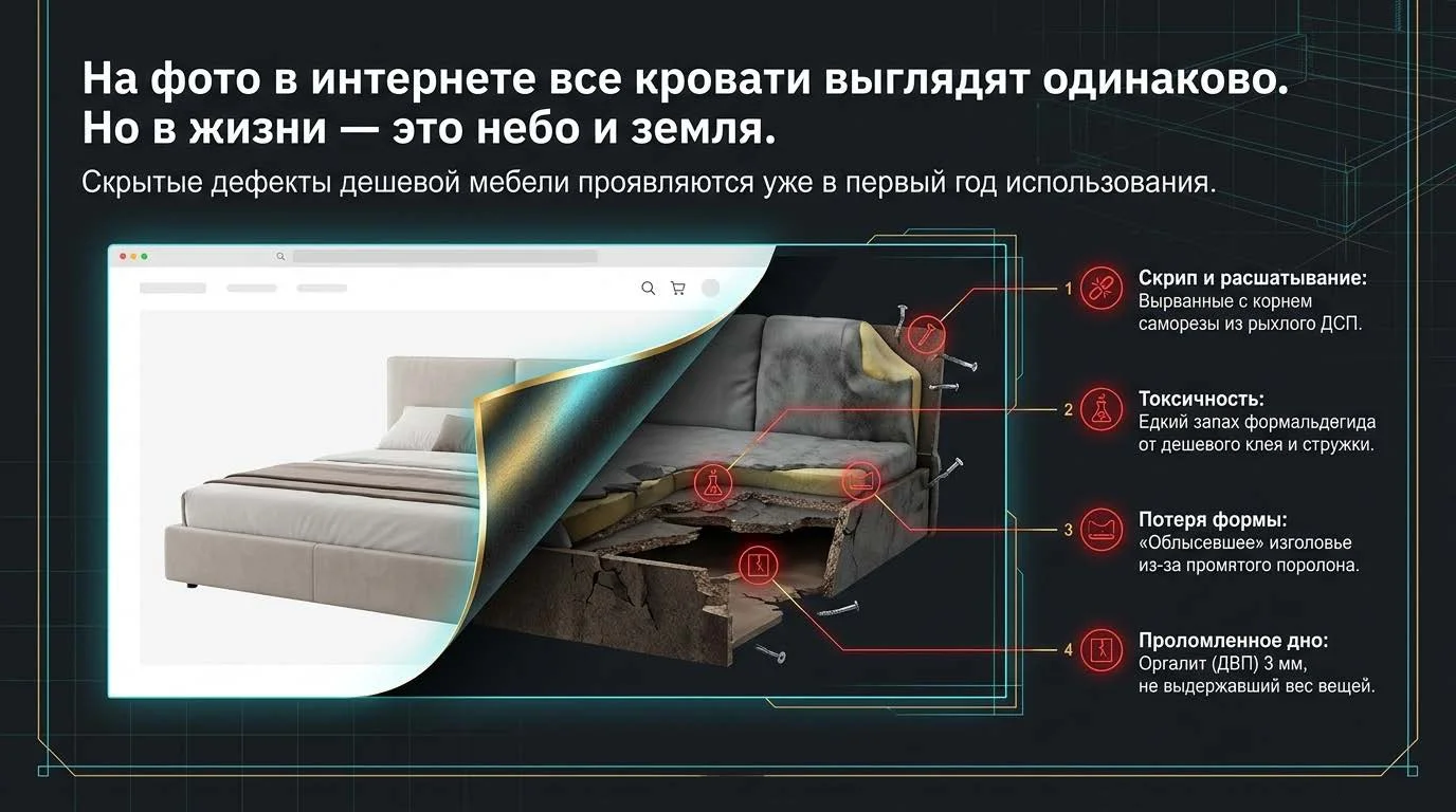 Разрез дешёвой кровати: скрип, запах, продавленное изголовье, лопнувшее дно ящика