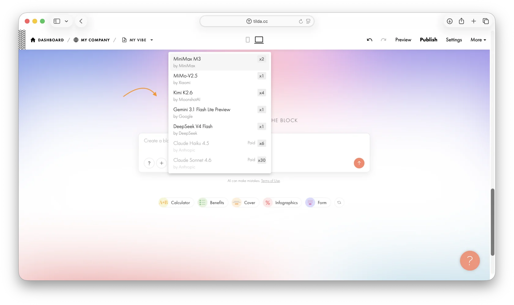 Vibe Block editor: the AI model selection dropdown list in the prompt input bar.