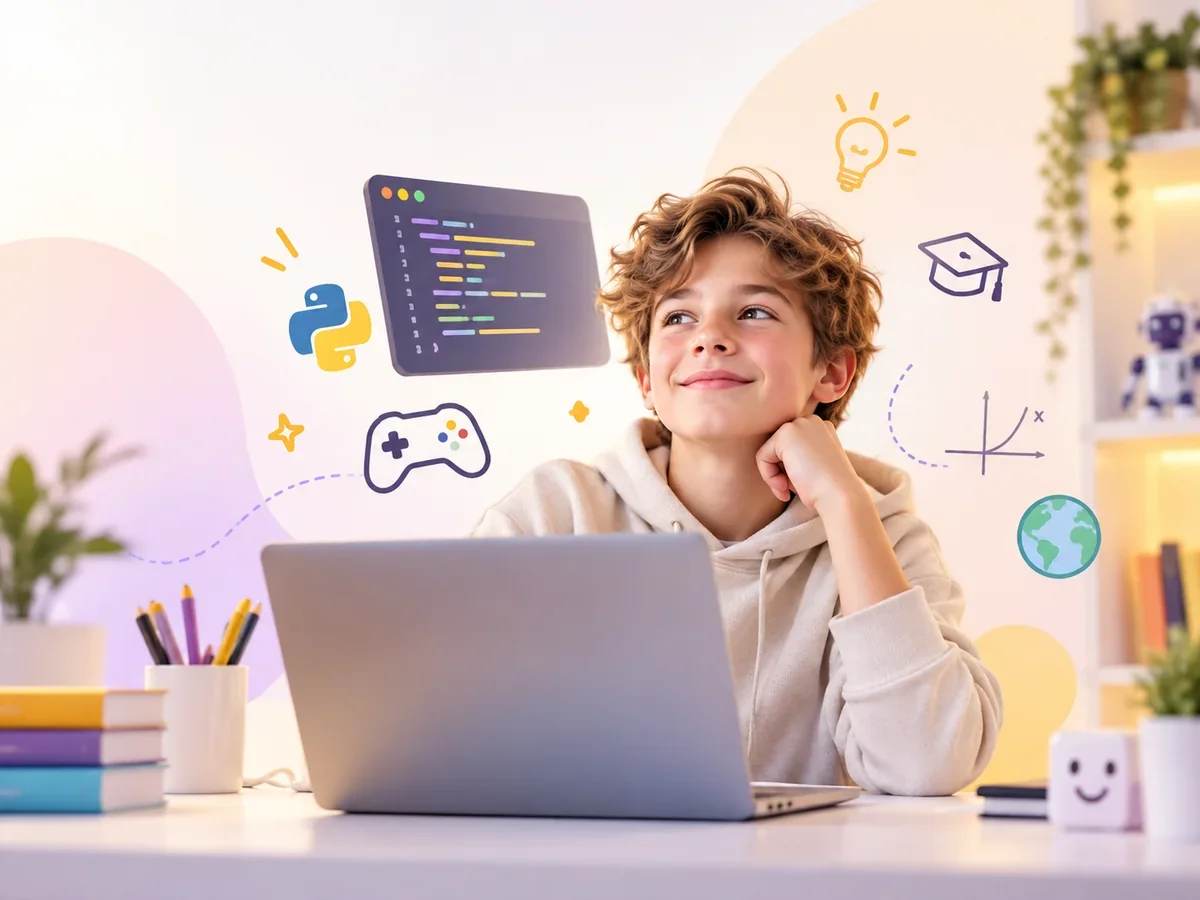 Ученик 10–12 лет занимается за ноутбуком