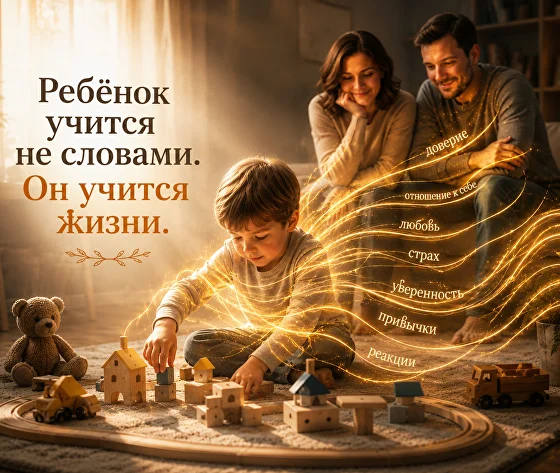 Ребёнок играет, а от родителей к нему тянутся светящиеся нити семейного опыта