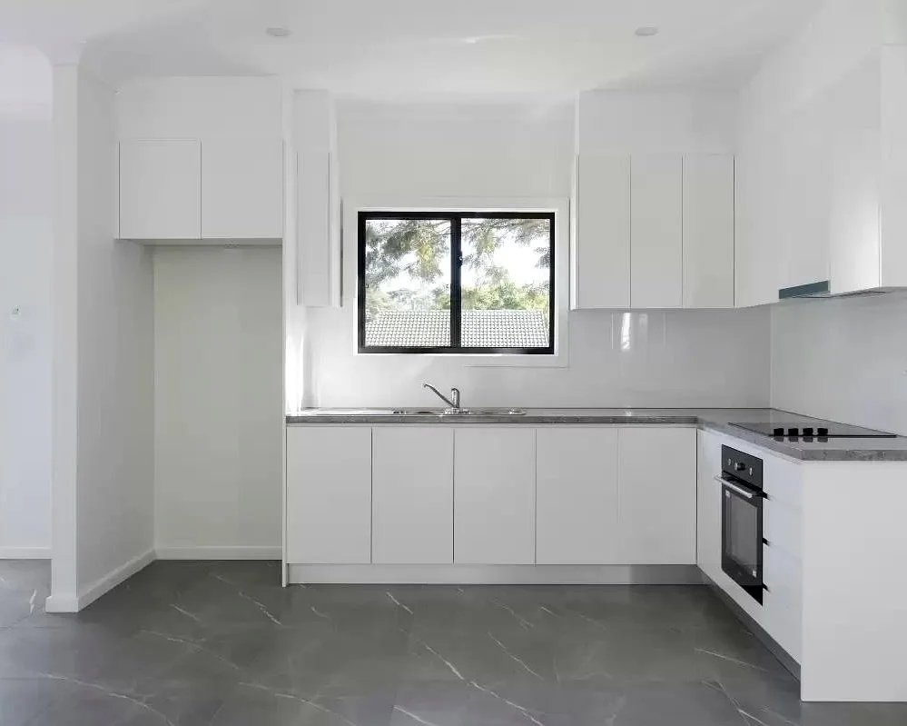 DADU kitchen detail Edmonds — handleless cabinets black frame window built-in oven