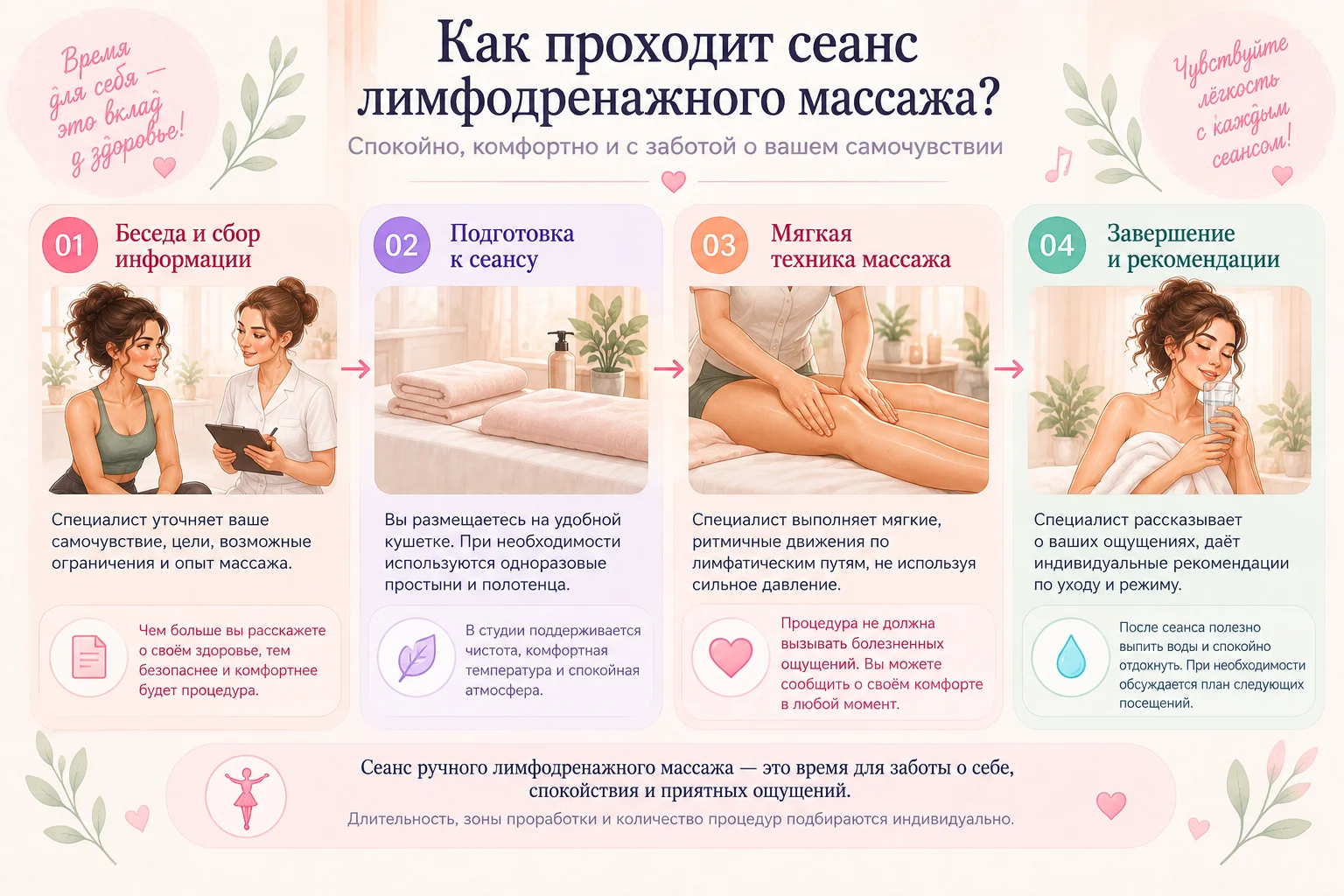 Основные этапы сеанса ручного лимфодренажного массажа.