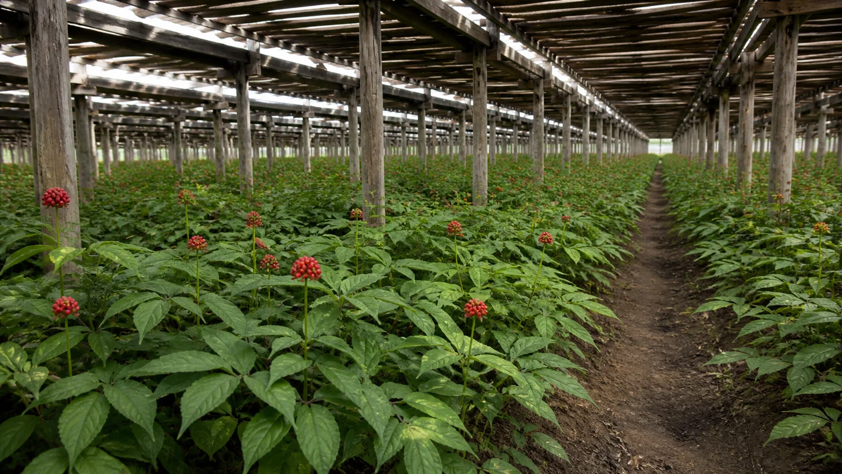 Культивированный Panax ginseng растет под деревянным навесом.