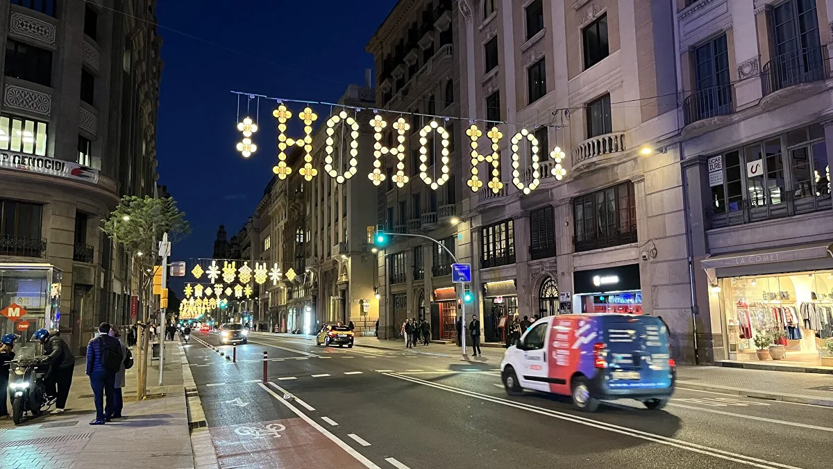 Christmas lights strung across a street in central Barcelona