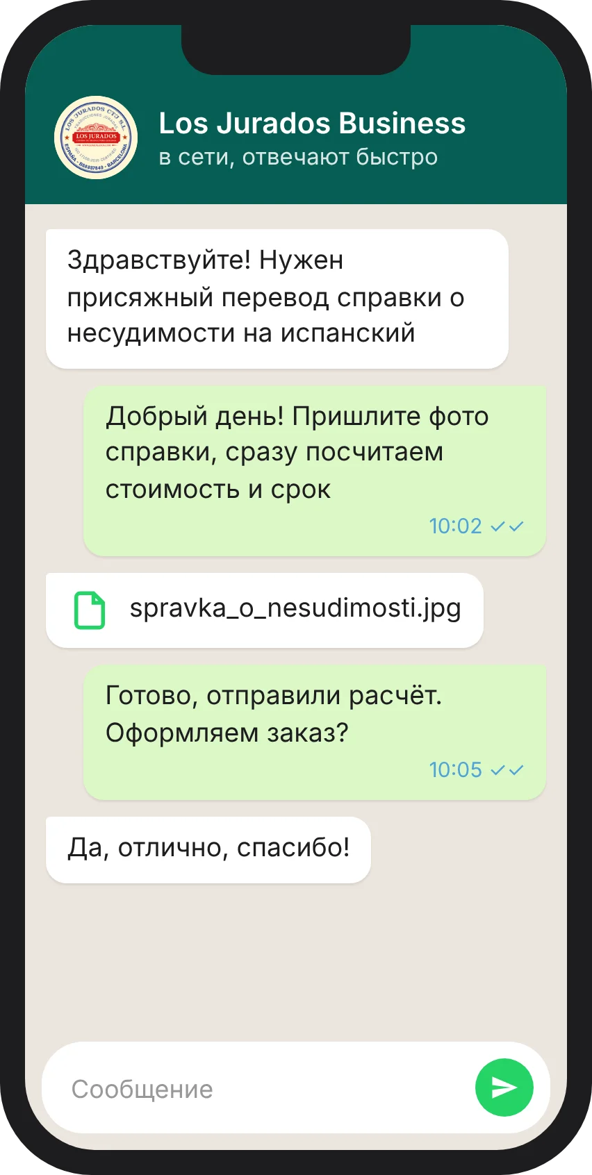 Переписка с бюро Los Jurados в WhatsApp