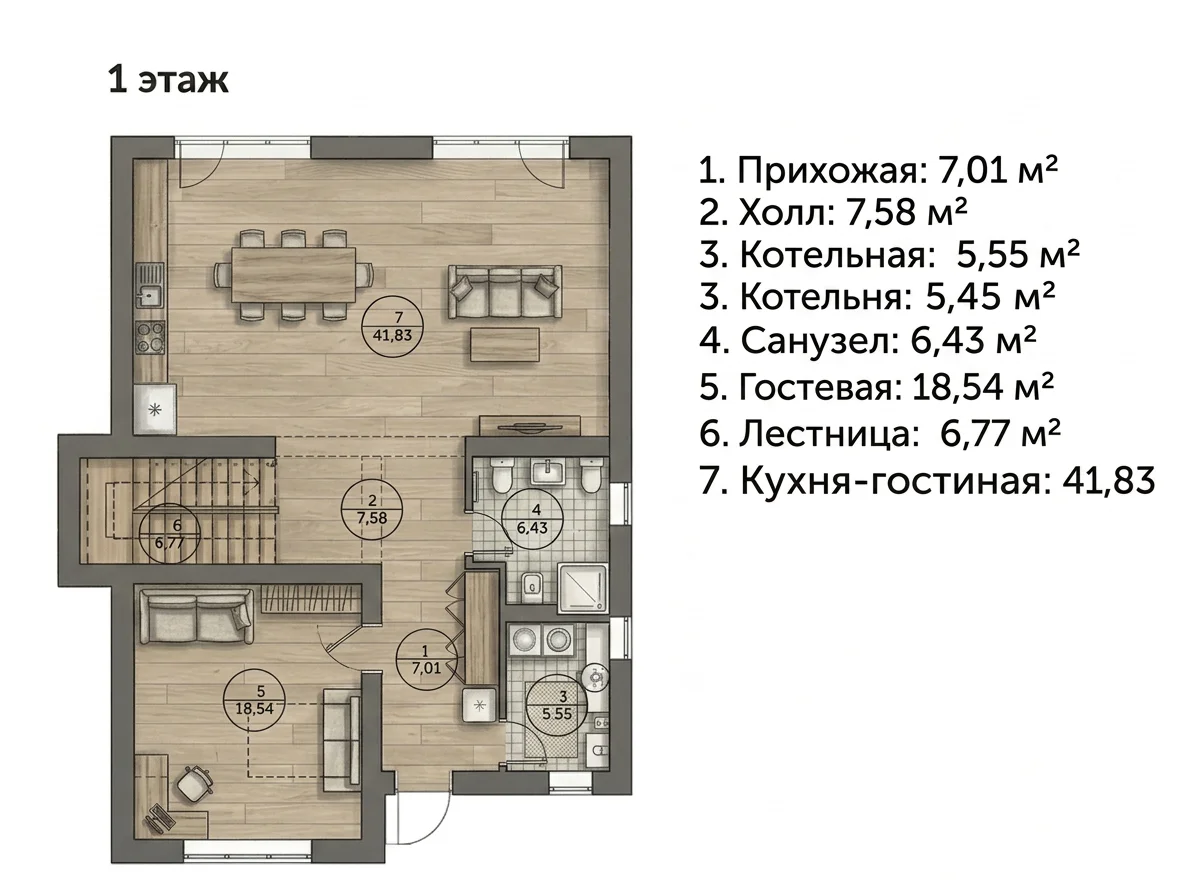 Планировка 1 этажа коттеджа 180 м² Екатерининская 16 Вартемяги ONE