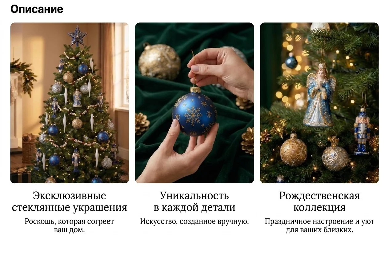 Праздничный интерьер с ёлкой, украшенной стеклянными игрушками