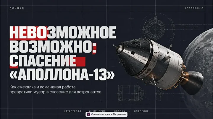 Обложка «Невозможное возможно: спасение Аполлона-13»: космический корабль у Луны на тёмном фоне с чертежами.