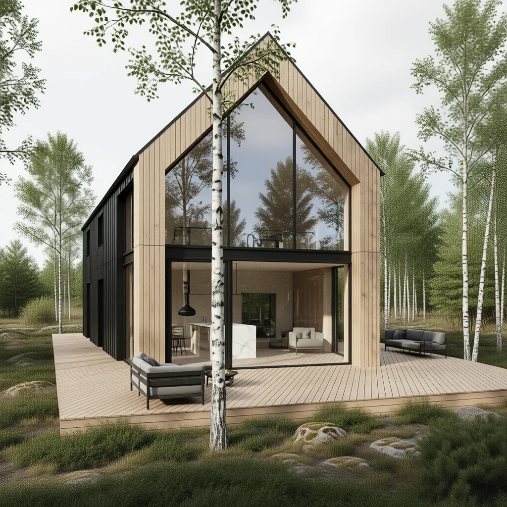 Современный барнхаус 120 м² в скандинавском стиле с панорамными окнами и террасой