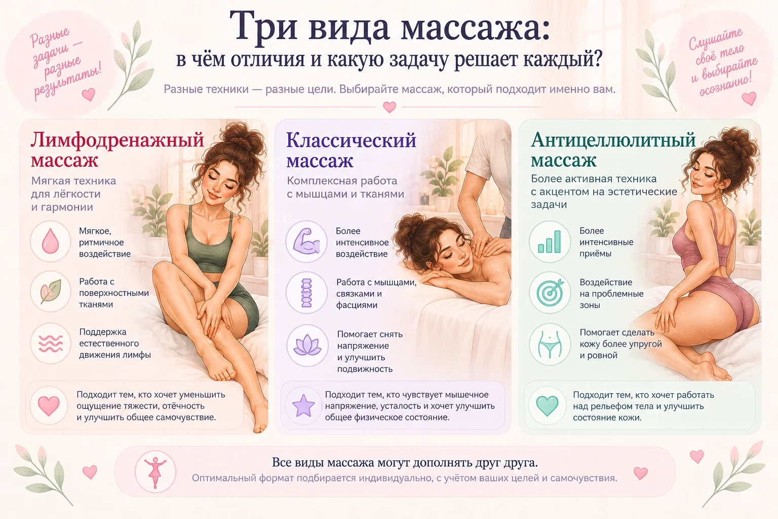 Сравнение трёх видов массажа по задачам и характеру воздействия.