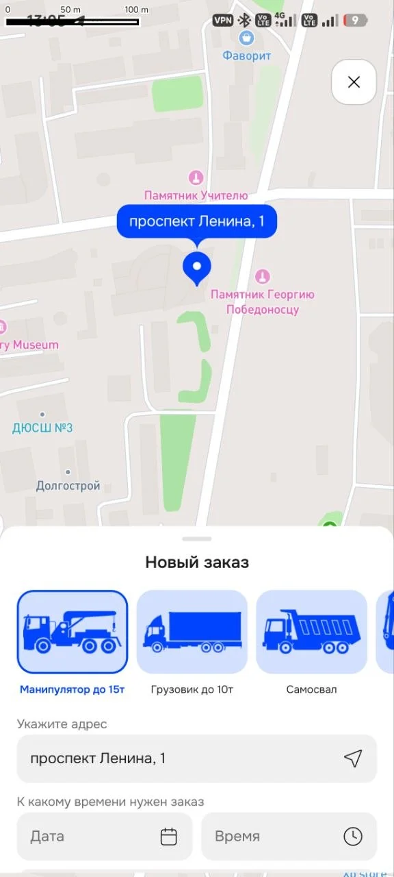 Экран РентРаз: выбор техники и адреса на карте