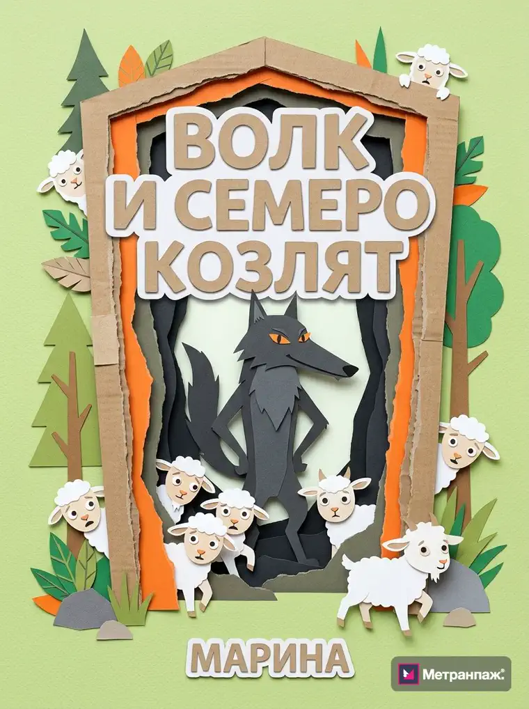 Обложка детской книги «Волк и семеро козлят», созданная онлайн в Метранпаже