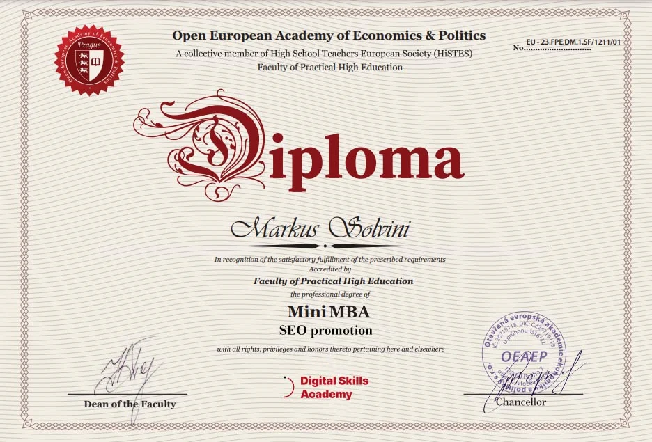 Диплом Mini MBA SEO-продвижение — Digital Skills Academy