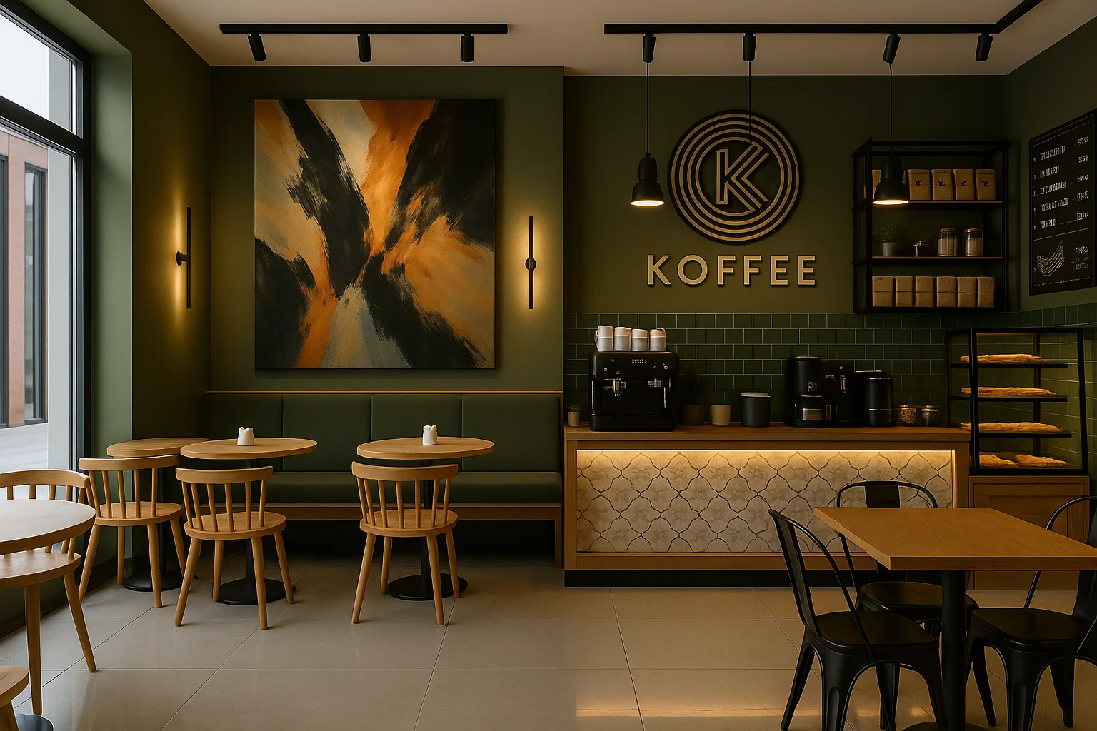 KOFFEE — дизайн интерьера современной кофейни в оливковой палитре