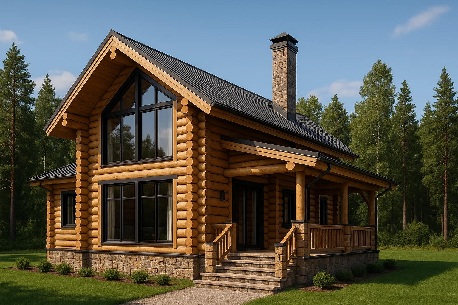 Современный дом из бревна 158 м² в стиле сканди-шале с террасой и панорамными окнами