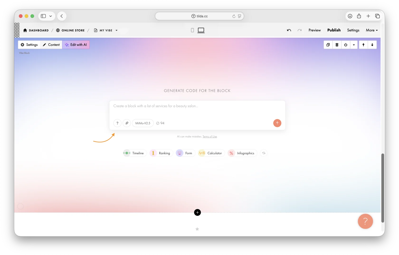 Vibe Block in the page editor: the prompt input field for generating block code.
