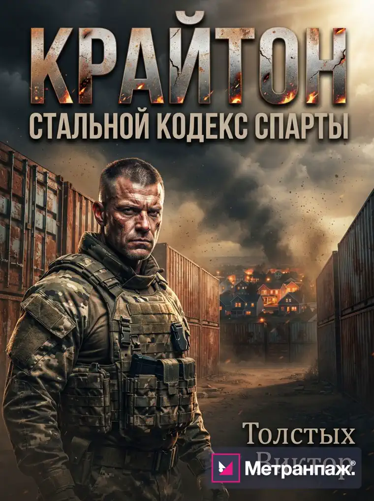 Обложка приключенческого романа «Крайтон», собранная нейросетью Метранпажа