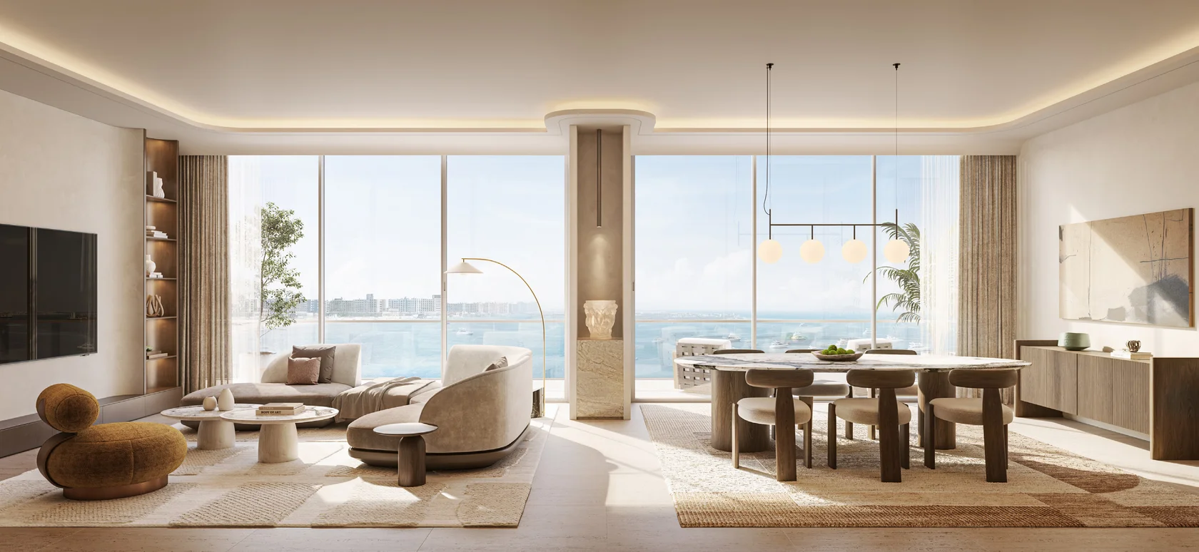 Интерьер гостиной и обеденной зоны SOMA Residences